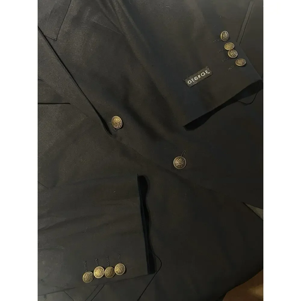 New George Mens 44R Dark Navy Blue Blazer Antique Gone Tone Crest Buttons Jacket